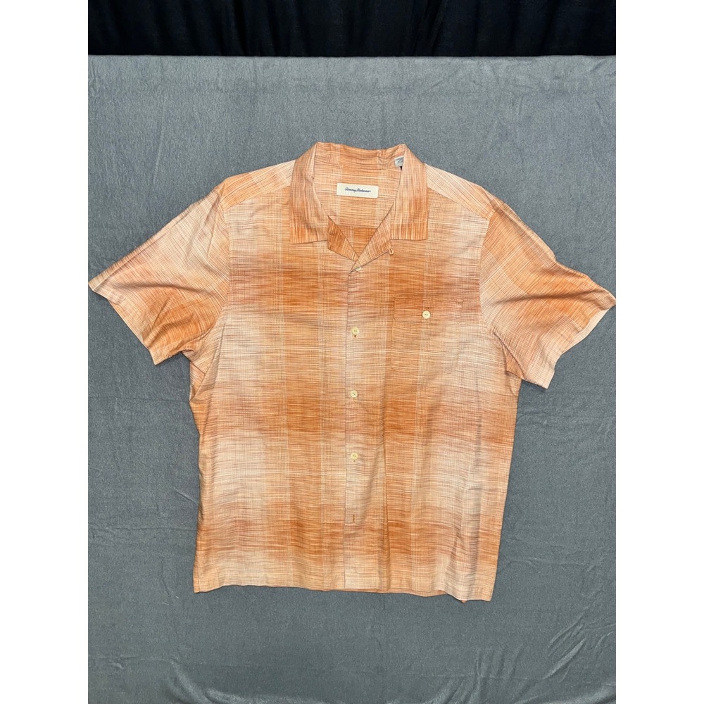 Tommy Bahama Mens XL Silk Cotton Short Sleeve Button Down Shirt Orange Slub